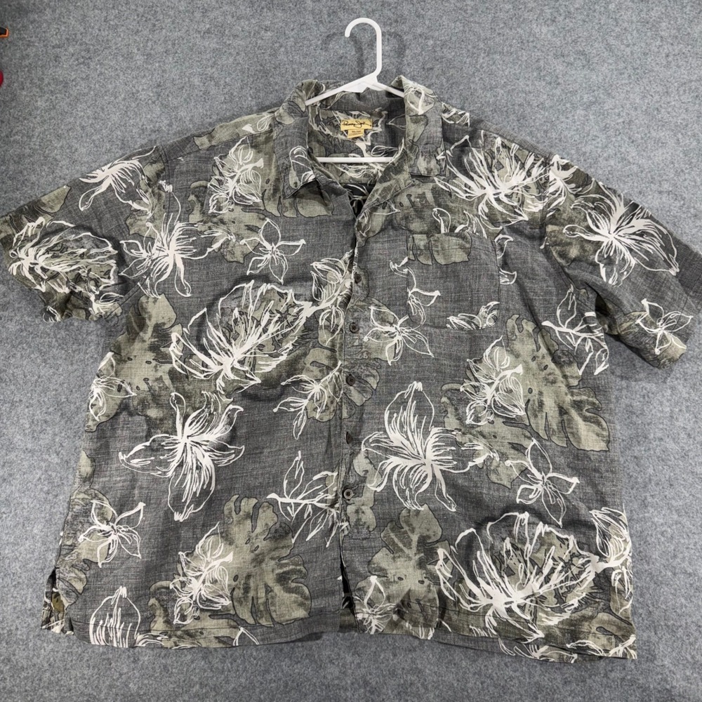Panama‎ Jack Mens 3XL Floral Hibiscus Ramie Cotton Button Down Shirt Grey Olive